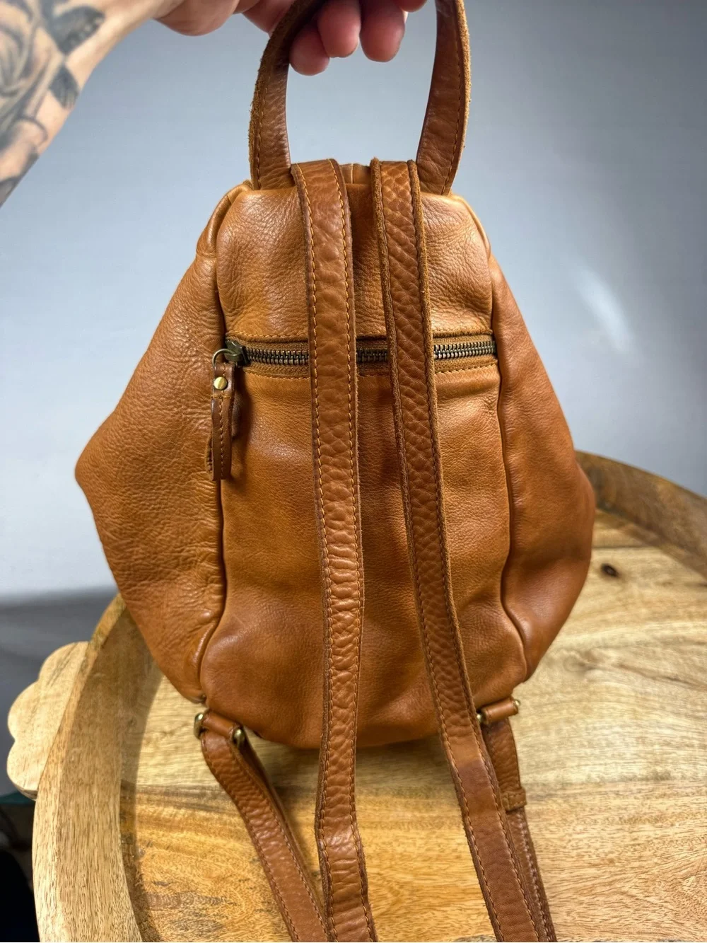 Woven Leather Mini Backpack - Tan